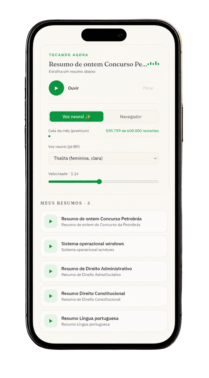App AprovaPlay com a lista de resumos em áudio e voz neural